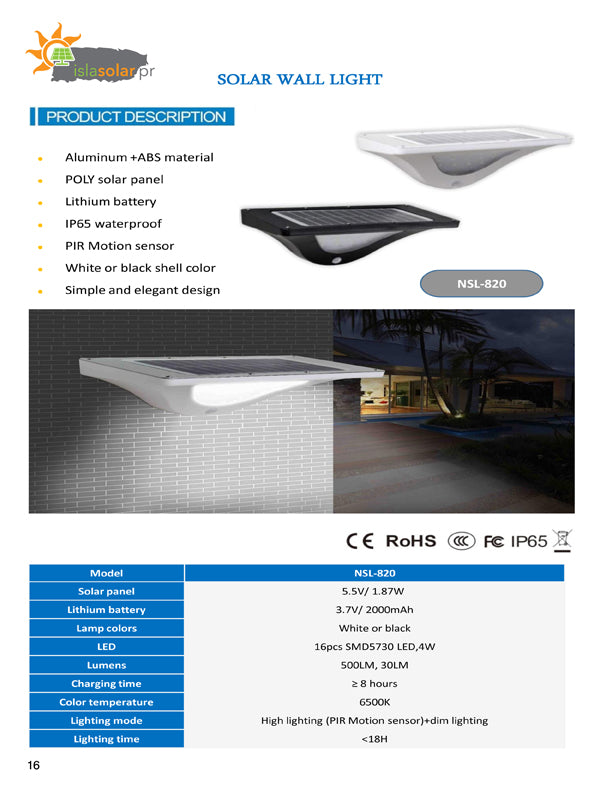 Lámpara Solar de Pared NSL 820 Black & NLS 821 White de 500 lumens