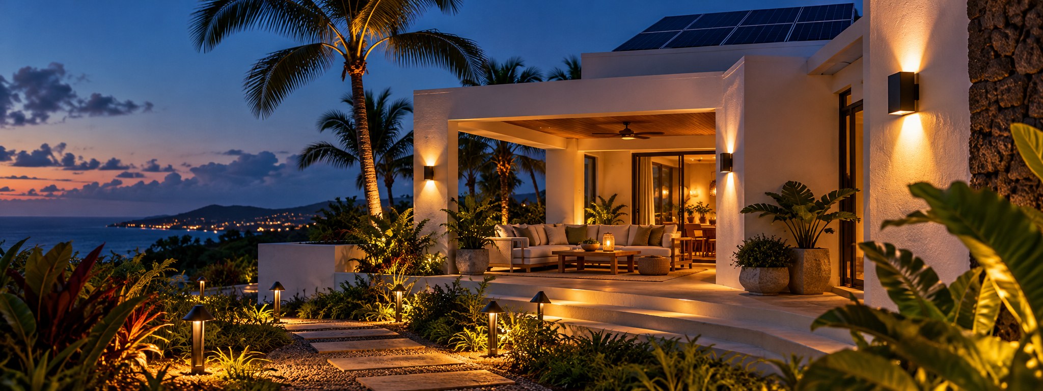Patio tropical con iluminación solar cálida y paneles solares al atardecer